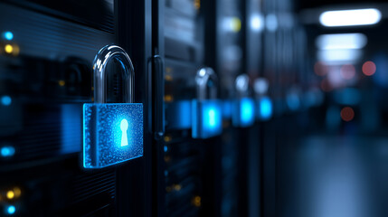 A row of glowing blue padlock icons representing cybersecurity and data protection on server racks in a data center.
