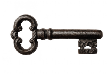 An old, antique key isolated on a white background, png, transparent