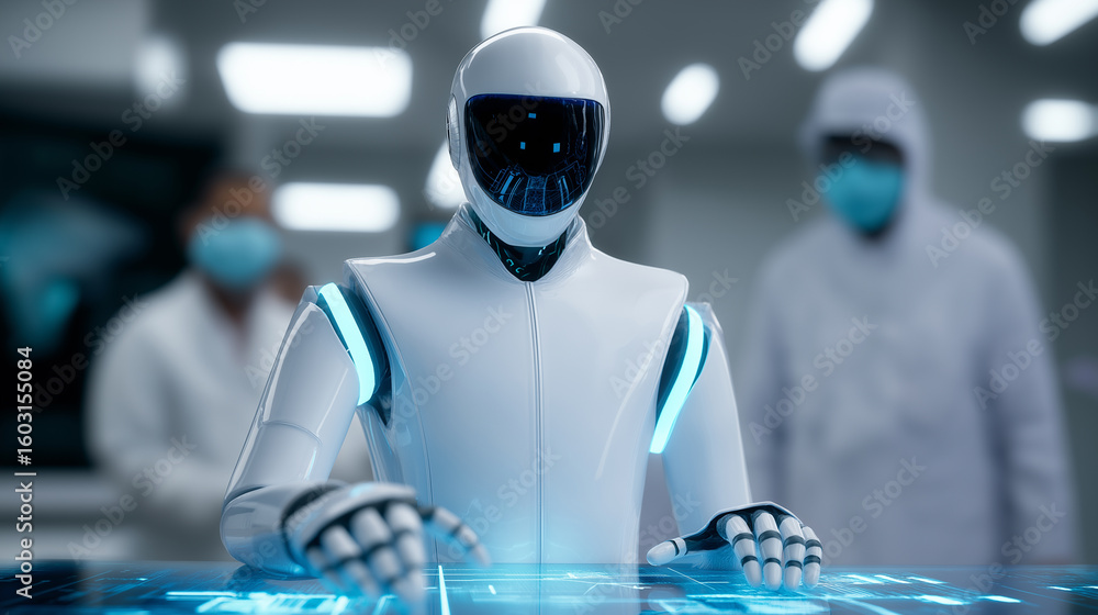 Poster a white humanoid robot interacts with a glowing blue digital interface while two blurred scientists 