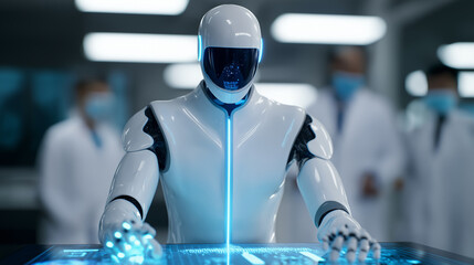 A white humanoid robot interacts with a glowing blue digital interface while two blurred scientists in masks stand in the background.

