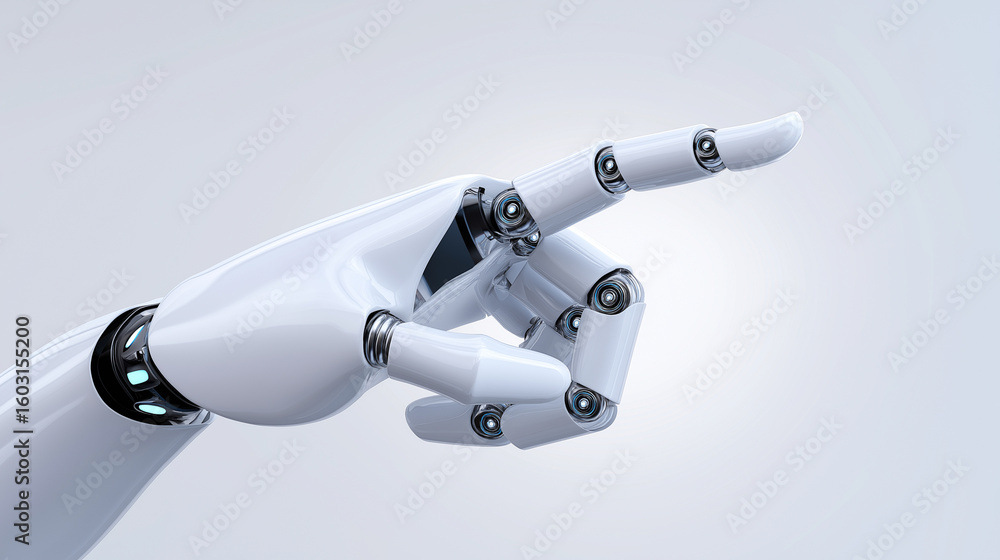 Poster a white robot hand with metallic joints extends its index finger, pointing towards the left on a whi