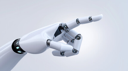 A white robot hand with metallic joints extends its index finger, pointing towards the left on a white background.
