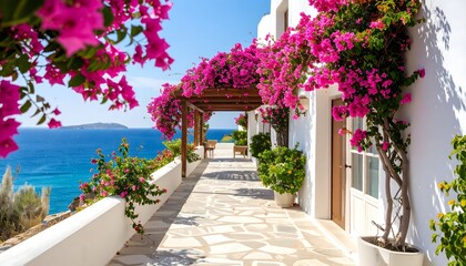 Pink flowers adorn walkway near the sea