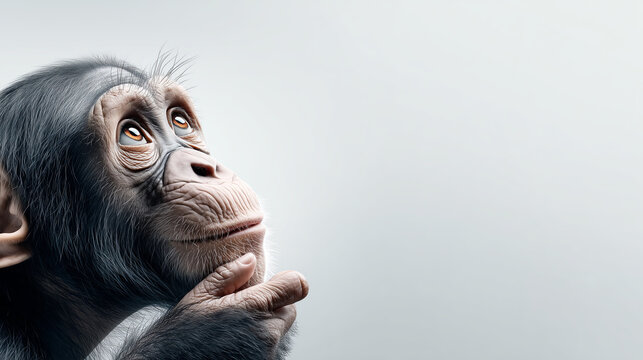 Pensive chimpanzee in thoughtful thinking pose. This intelligent animal portrait shows creature looking up, isolated on white background with studio lighting