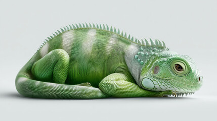 Fototapeta premium Calm green iguana resting with its curled tail. scaly lizard and beautiful reptile animal lying peacefully while isolated on white background, creating serene profile