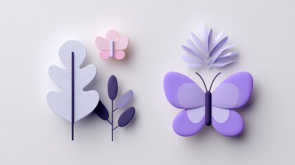 Fototapeta premium Pastel-colored leaves and butterflies on a light background.