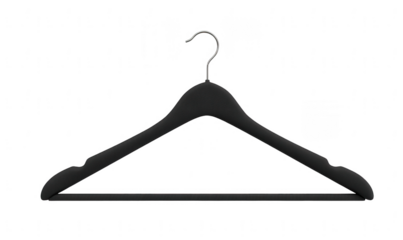 Black plastic hanger with a metal bar for on a white background, png, transparent