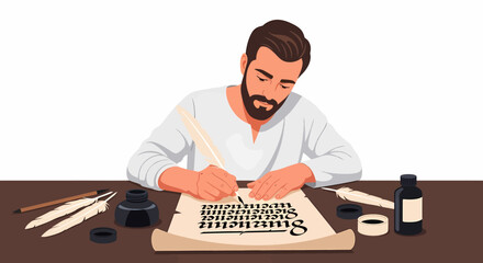 Bearded scribe diligently writing on parchment with a quill, inkwell and feathers nearby