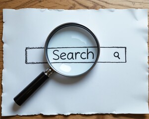 Magnifying glass over a hand-drawn search bar on paper. A concept for searching, data analysis, and online information discovery.