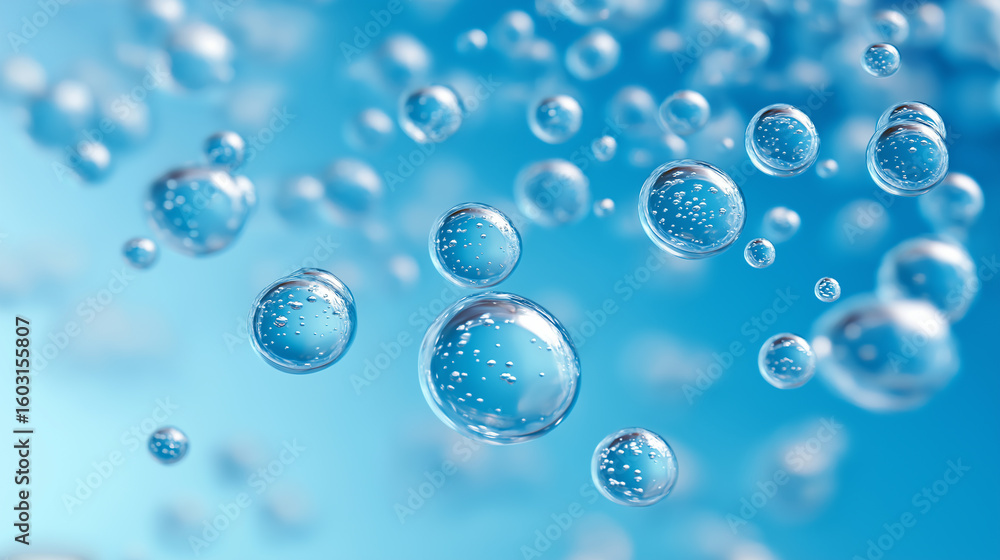 Poster numerous clear water bubbles with trapped air float upwards against a vibrant blue background, creat