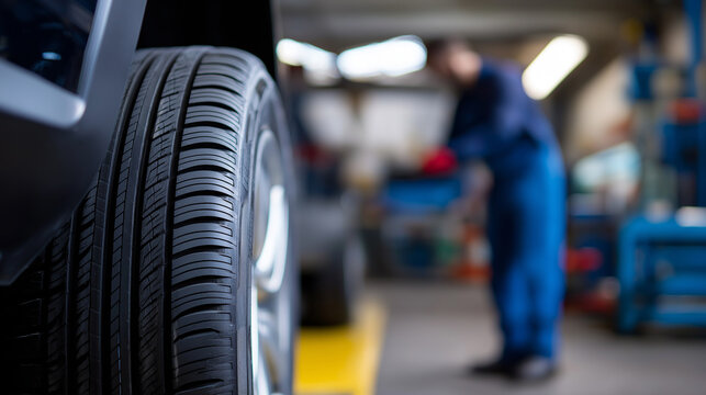 A close-up of a car tire and wheel, with a blurred mechanic working on a lift in the background of an auto repair shop.
