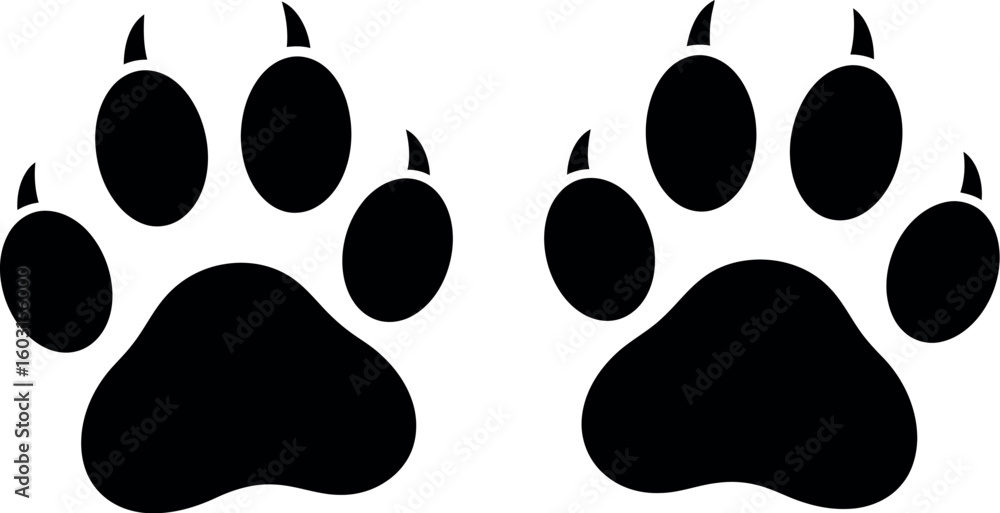 Poster two black paw prints with claws facing forward on a white background in a vector illustration