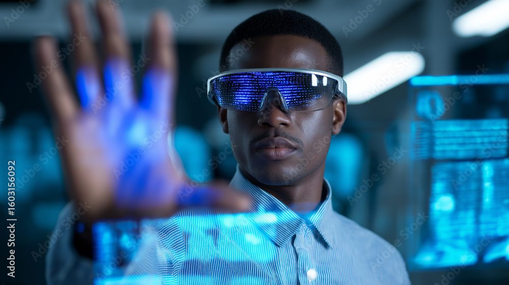 Aufkleber a black man wears futuristic ar glasses and interacts with holographic screens displaying data and g