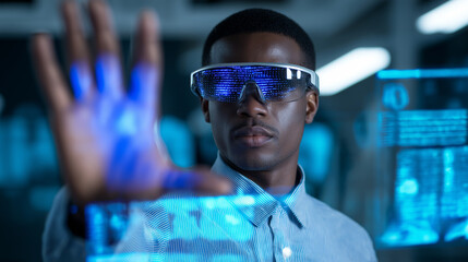 A Black man wears futuristic AR glasses and interacts with holographic screens displaying data and graphs, representing advanced technology and analysis.
