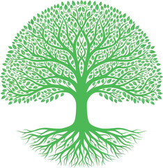 Illustration of a vibrant green tree with detailed leaves and roots on a white background art