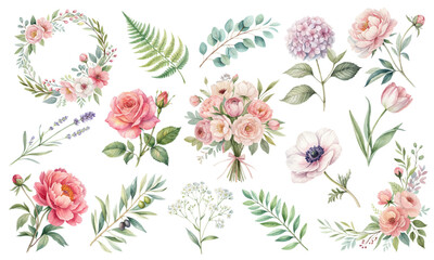 Watercolor Floral Clipart Set with Elegant Roses and Garden Flowers