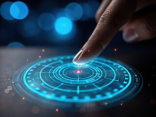 Finger touching futuristic glowing blue digital interface with red target center