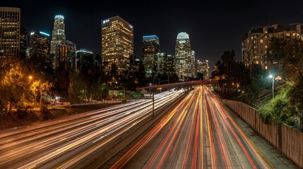Fototapeta premium A panoramic view of a busy freeway at night, with streaks of headlights and taillights creating a dynamic visual of urban transportation