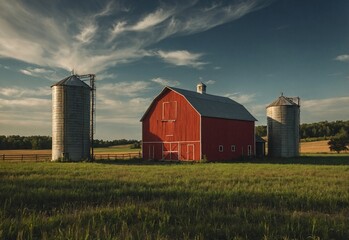 Rustic rural landscape with red barn and silos