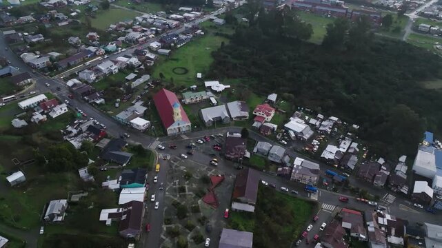 Flyover of UNESCO World Heritage Church of Chonchi Chiloe 