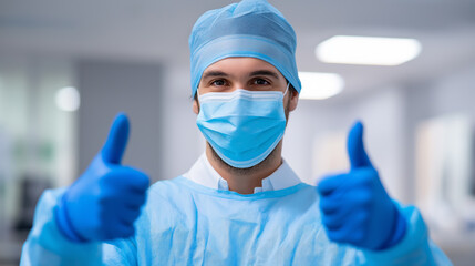 A male surgeon or medical professional in scrubs, mask, and gloves gives a thumbs-up gesture, indicating success or approval.
