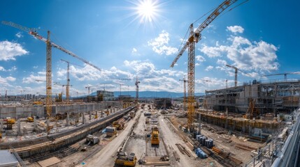 A panoramic view of a large construction project, showcasing various stages of development with cranes and scaffolding, emphasizing the scale of engineering work
