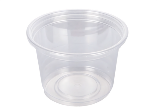 Clear plastic food container with ribbed rim isolated on a transparent background