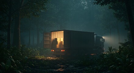 at night, alone in the  forest, close-up Modern truck filled with shipping boxes in a warehouse bay: logistics and delivery, Generative AI