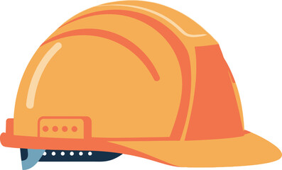 A side view of an orange construction helmet with a blue adjustable strap on a white background
