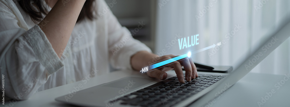 Aufkleber value measurement and adjustment concept showing value, performance, and optimization level with foc