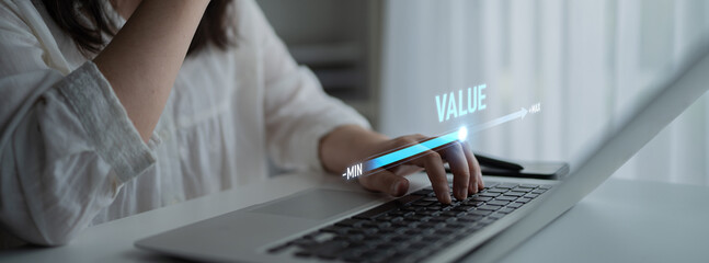 Value measurement and adjustment concept showing value, performance, and optimization level with...