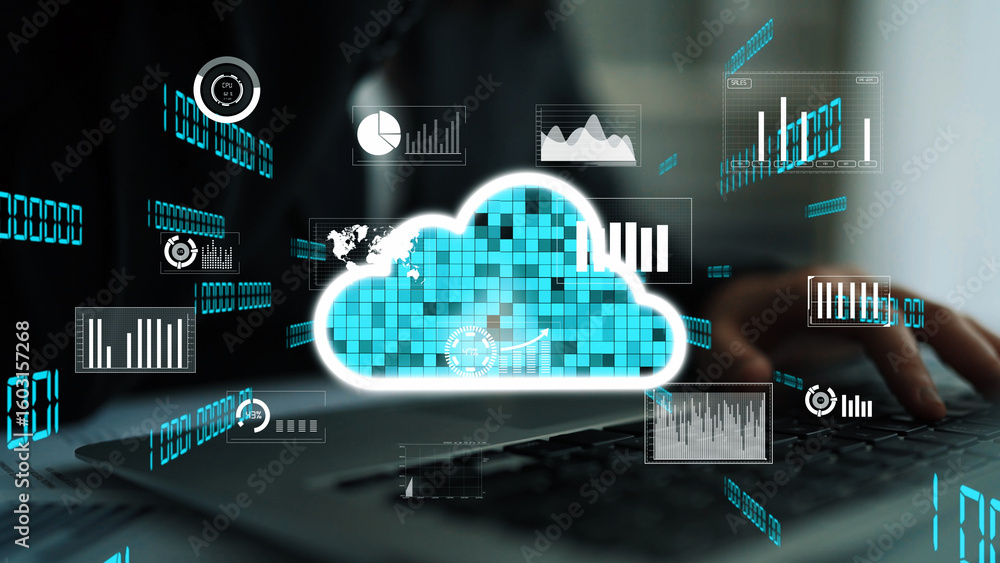 Poster a dynamic visual representation of cloud computing and data analysis, illustrating modern technology