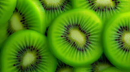 A vibrant, close-up full frame of thinly sliced green kiwi fruit, showcasing its juicy texture and black seeds.
