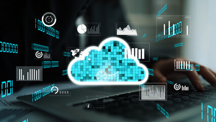 A dynamic visual representation of cloud computing and data analysis, illustrating modern...