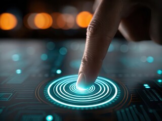 Fingerprint scanning on a futuristic digital interface with glowing blue technology elements