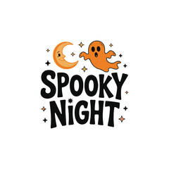 Cute Halloween graphic design of "Spooky Night" with moon and ghost.This vibrant graphic design features the text "Spooky Night" in a fun, stylized font.