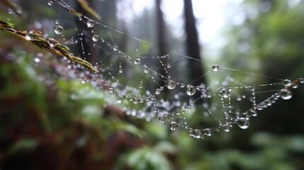 A macro shot of water drops on a spider web in a forest, with natural light and a sense of delicate beauty.