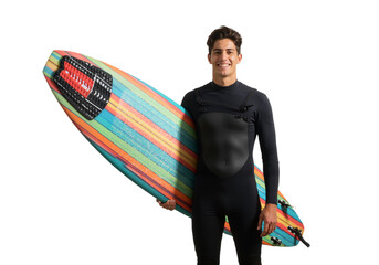 Smiling surfer holding surfboard in wetsuit with beach vibe, isolated on a white background


