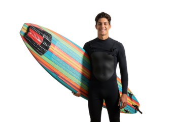 Smiling surfer holding surfboard in wetsuit with beach vibe, isolated on a white background

