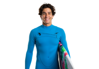 Smiling surfer holding surfboard in wetsuit with beach vibe, isolated on a white background

