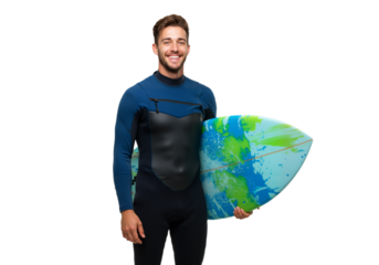 Smiling surfer holding surfboard in wetsuit with beach vibe, isolated on a white background

