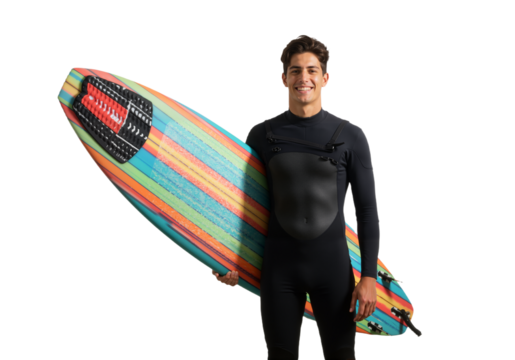 Smiling surfer holding surfboard in wetsuit with beach vibe, isolated on a white background

