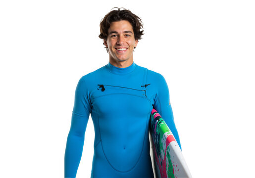 Smiling surfer holding surfboard in wetsuit with beach vibe, isolated on a white background