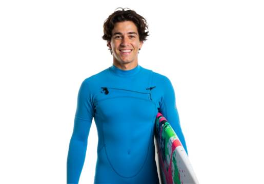 Smiling surfer holding surfboard in wetsuit with beach vibe, isolated on a white background

 - Powered by Adobe
