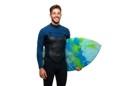 Smiling surfer holding surfboard in wetsuit with beach vibe, isolated on a white background

