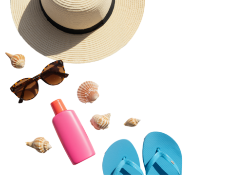 Top view of summer beach accessories laid out neatly, isolated on a clean white background