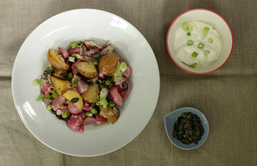 roast radish, new potato, smoked mackerel salad