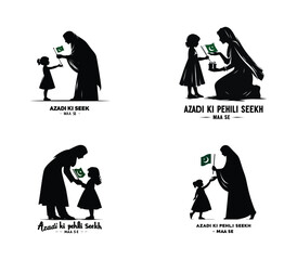 Silhouette of mother teaching child patriotism with Pakistan flag, concept of first lesson of Azadi