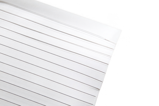 One sheet of lined notebook paper isolated on a white background, png, transparent