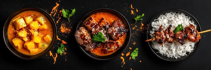 Cutout of set of 3 mango chutney, grilled meat, and rice with sauce splashes enhancing tropical and savory flavors, isolated on black background